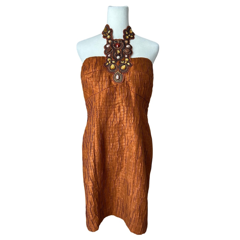 Boston Proper Strapless Mini Dress in Rust Orange with Embellished Neck